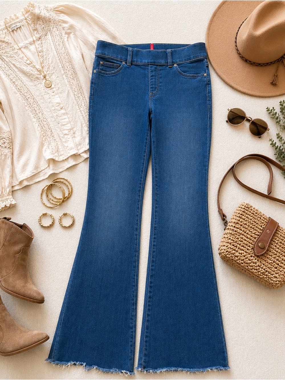 Spanx High Rise Flare Jeans Raw Hem Medium Wash EUC Size Small